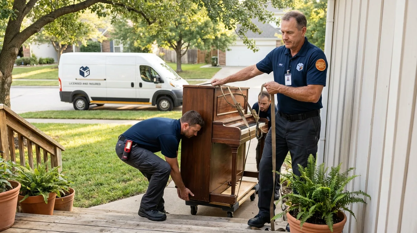 Licensed piano movers securing grand piano in Pinehurst, NC