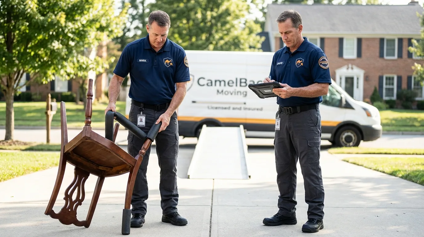 Movers inspecting furniture for damage prevention before loading in Pinehurst, NC